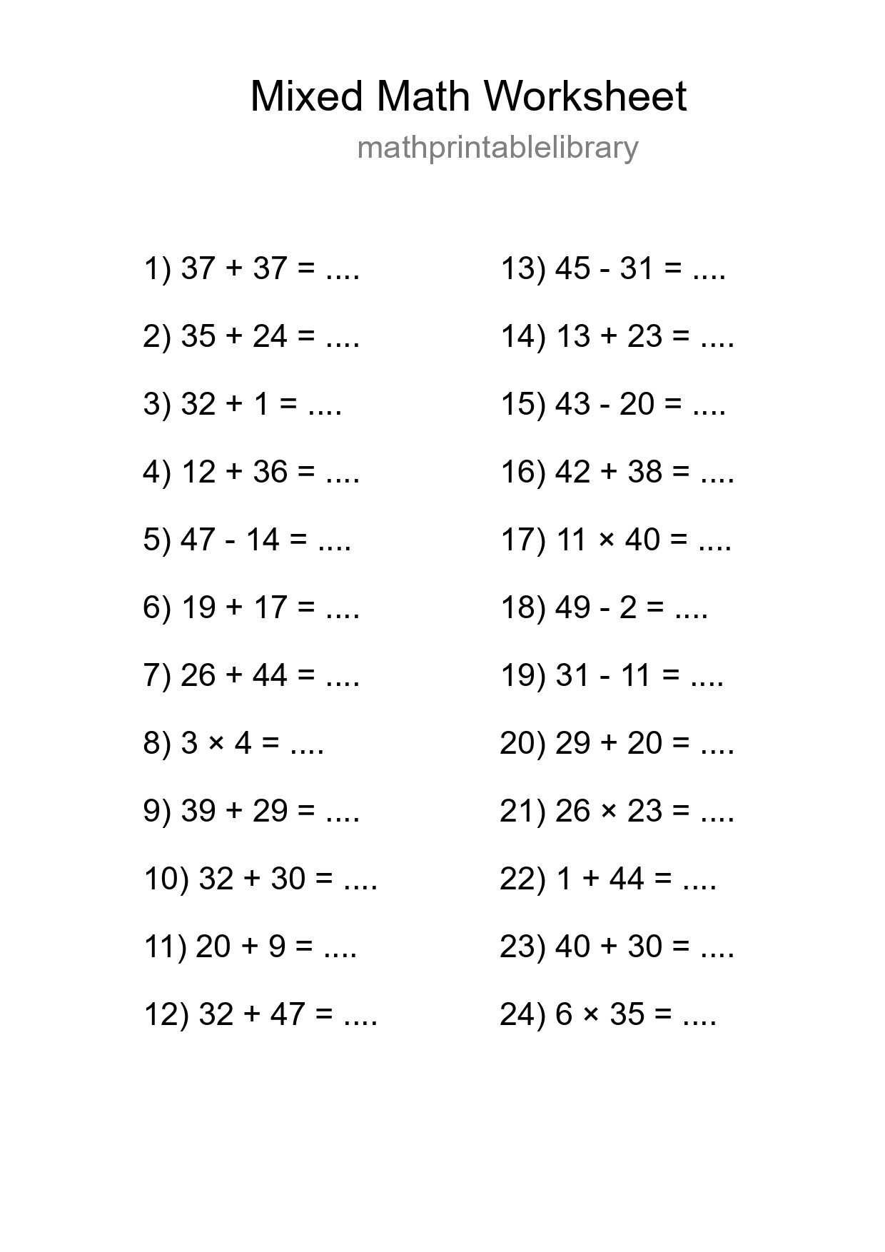 Mixed Operations Math Worksheet