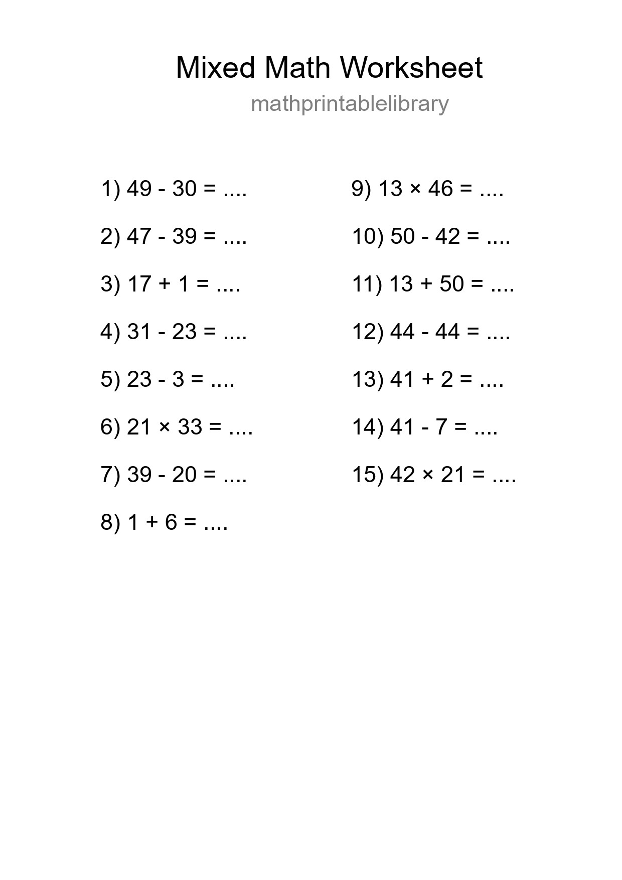 Mixed Operations Math Worksheet