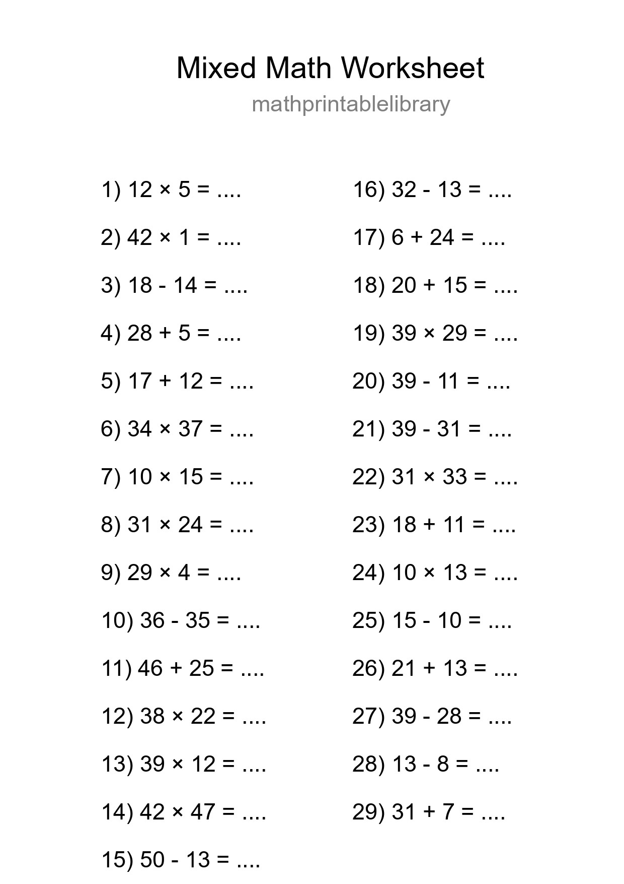 Mixed Operations Math Worksheet