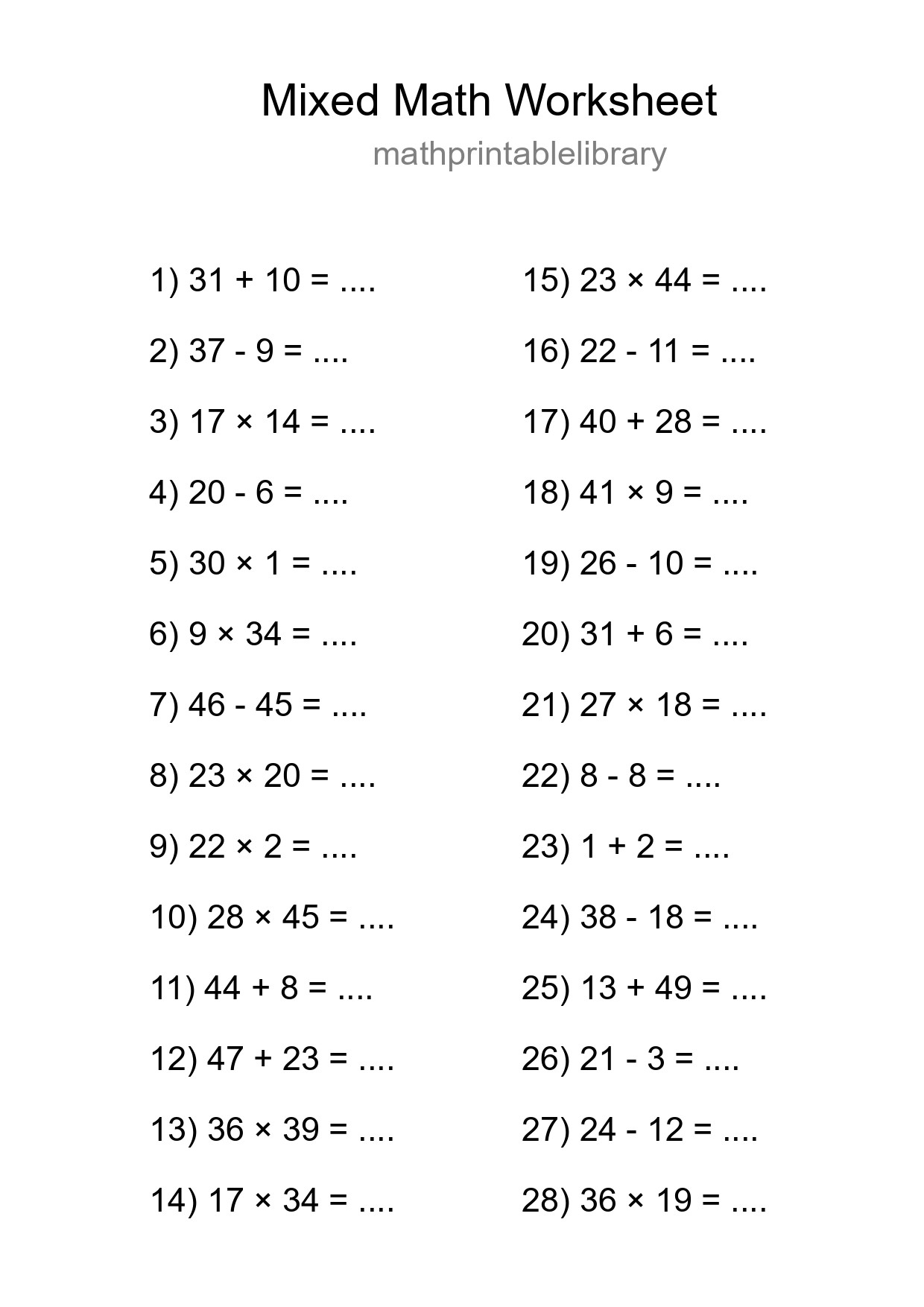 Mixed Operations Math Worksheet