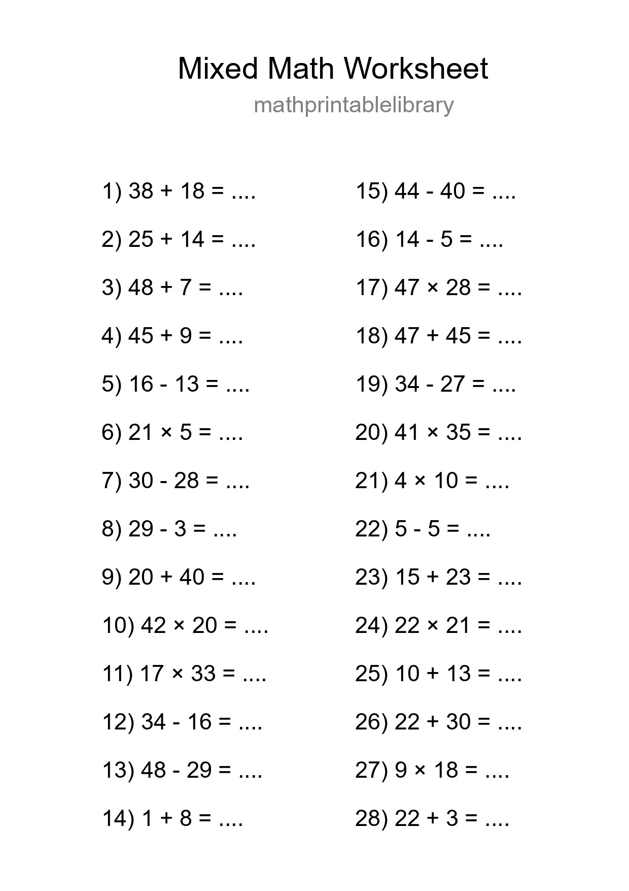 Mixed Operations Math Worksheet