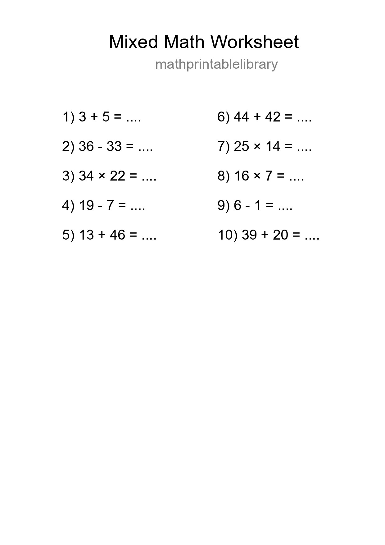 Mixed Operations Math Worksheet