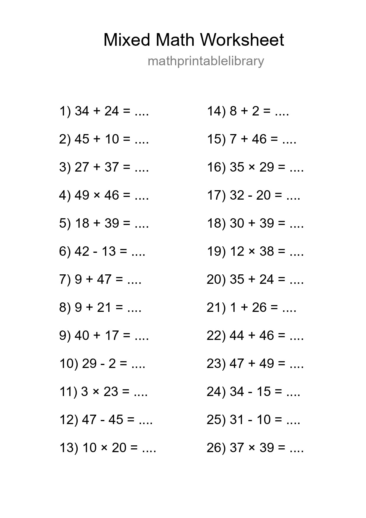 Mixed Operations Math Worksheet