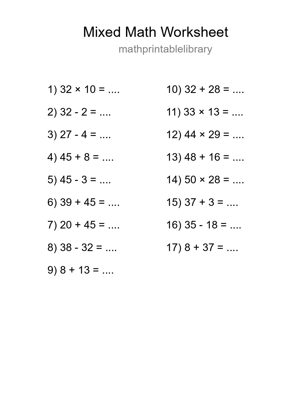 Mixed Operations Math Worksheet