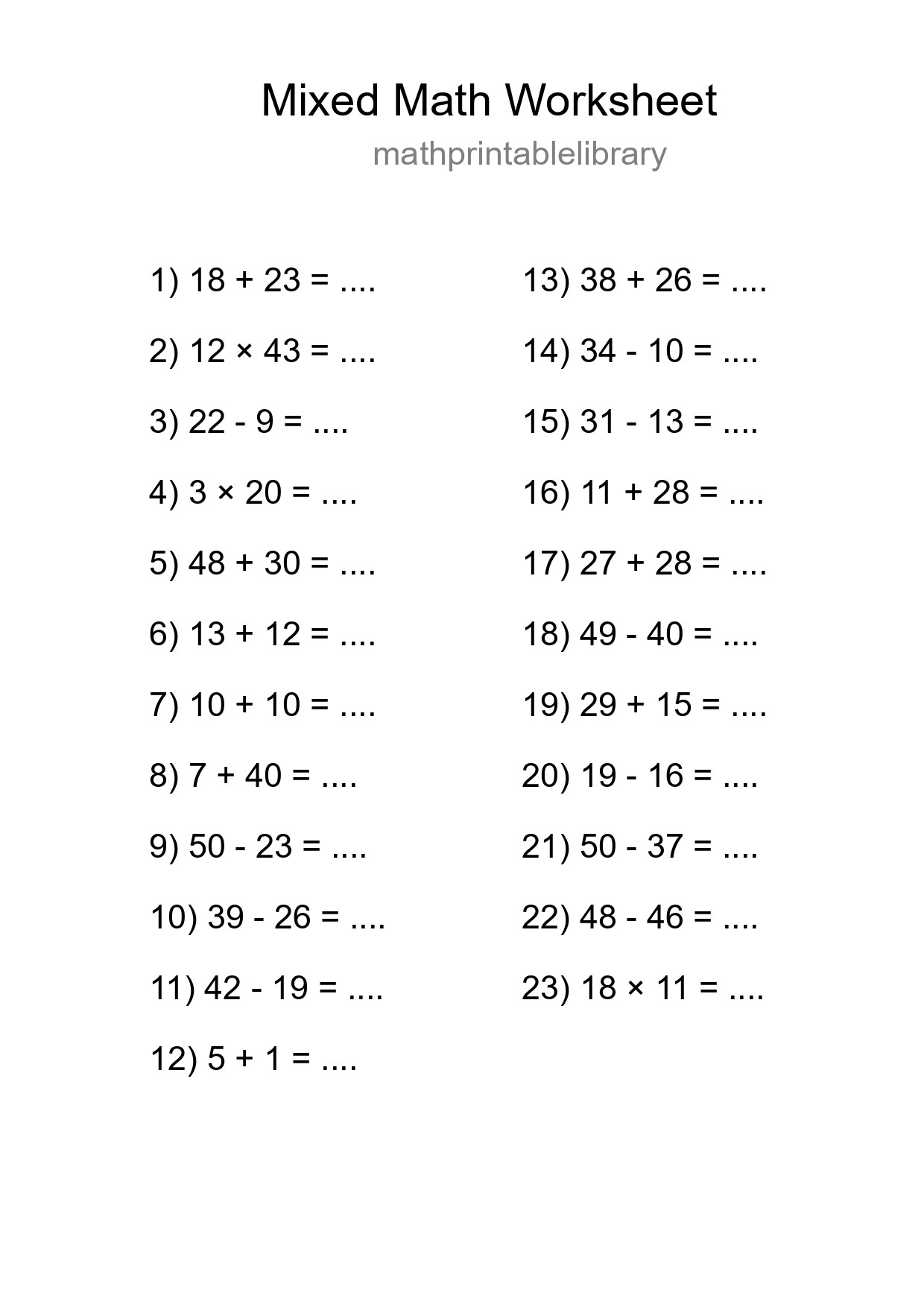 Mixed Operations Math Worksheet
