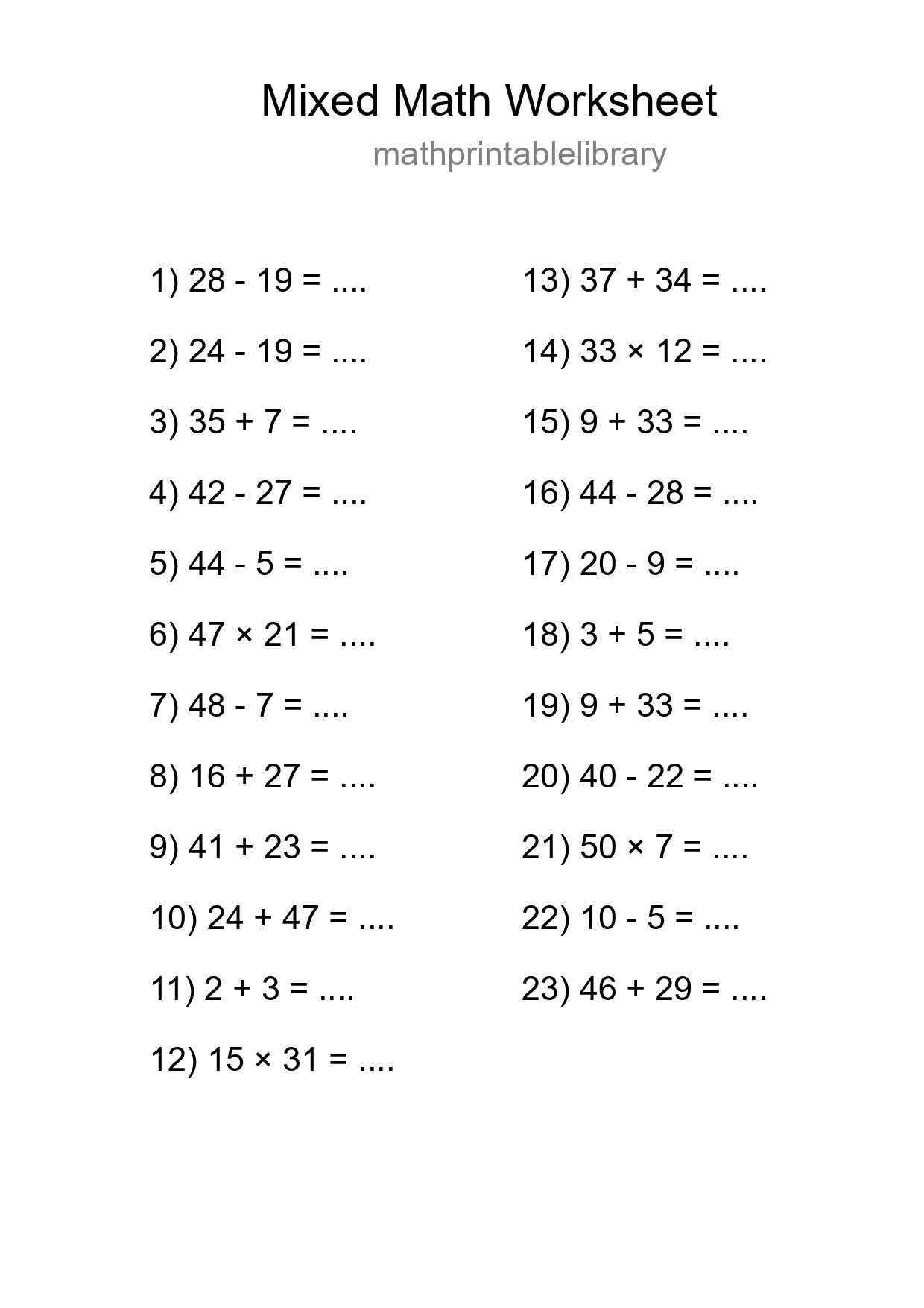 Mixed Operations Math Worksheet