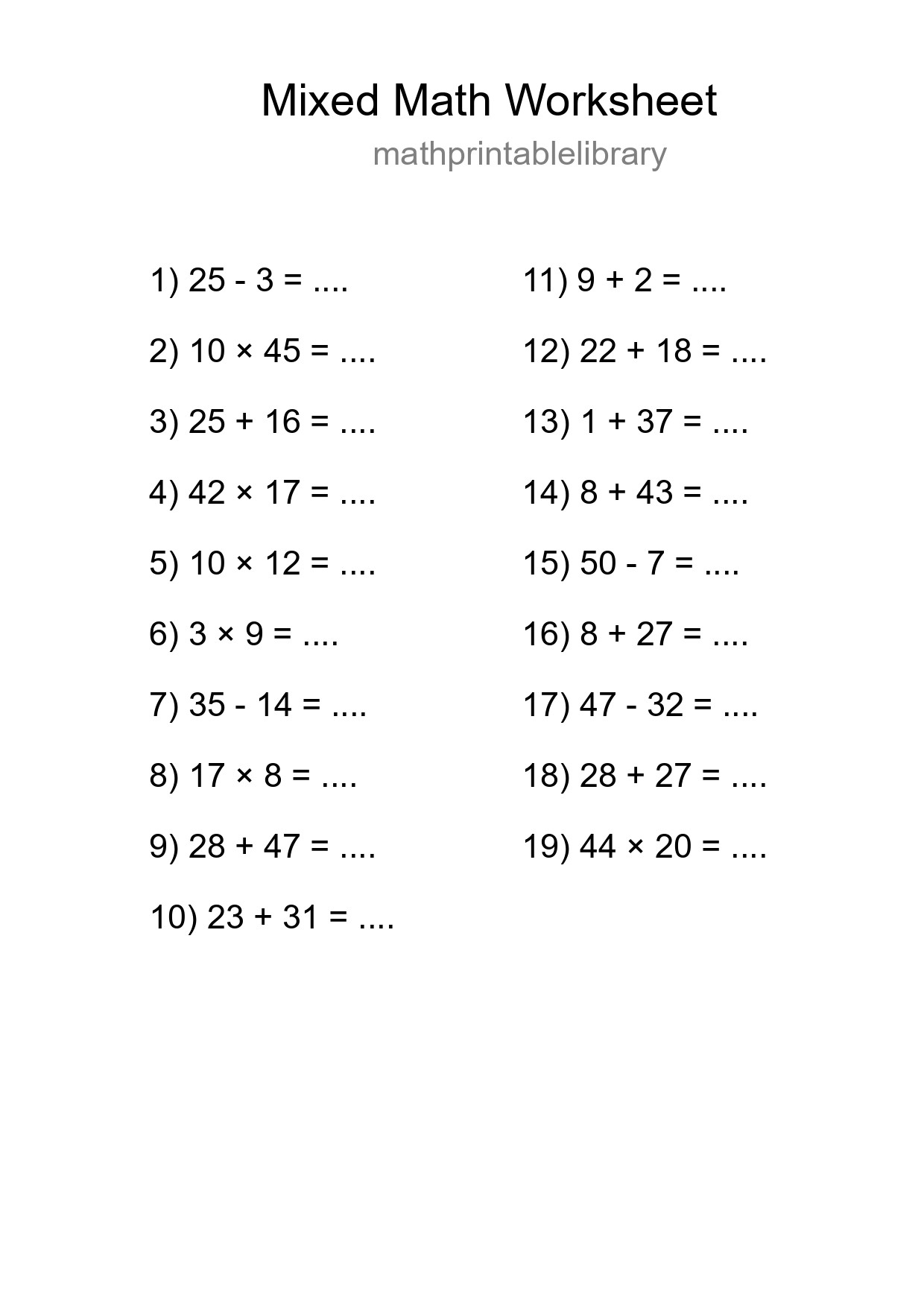 Mixed Operations Math Worksheet