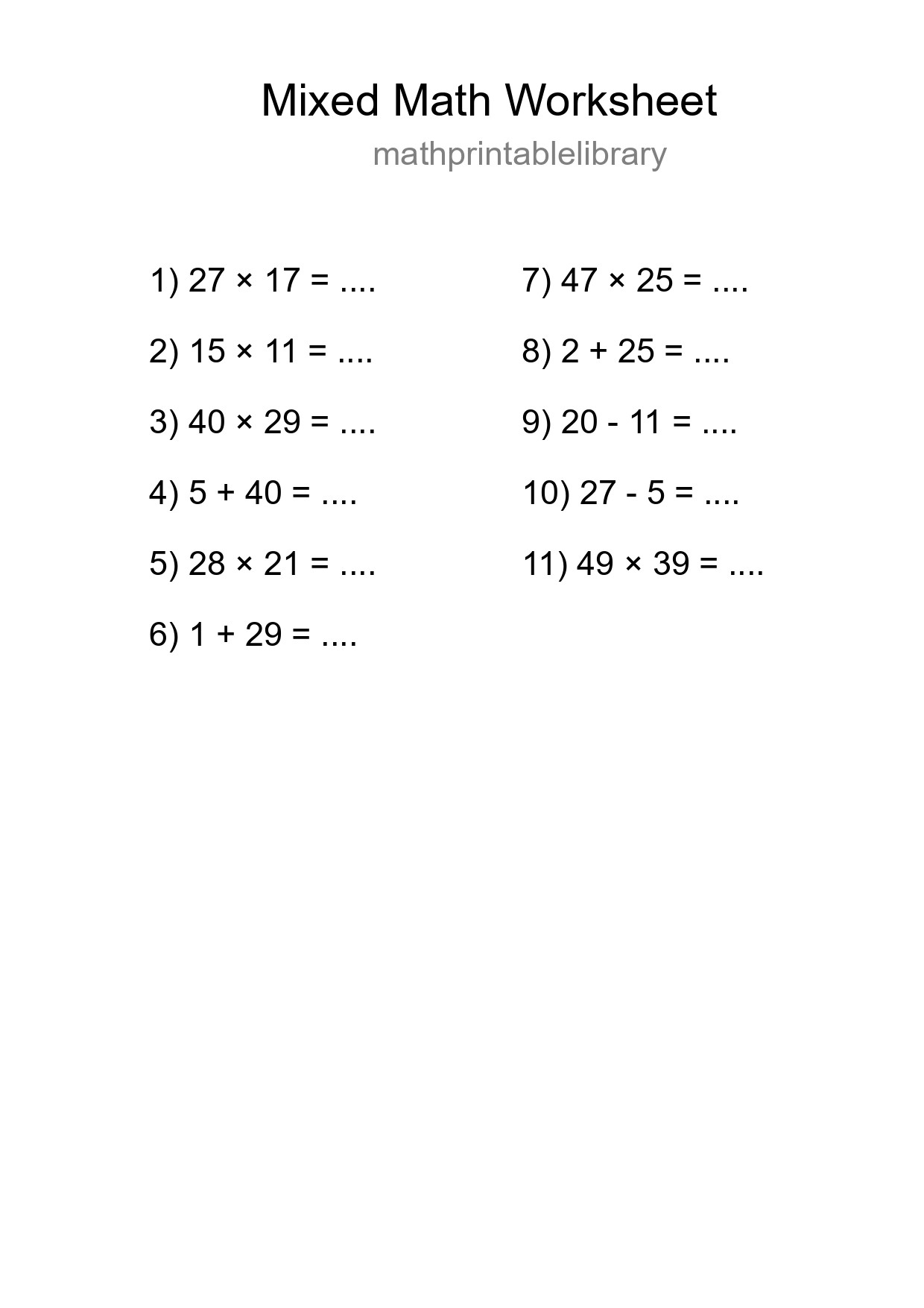 Mixed Operations Math Worksheet