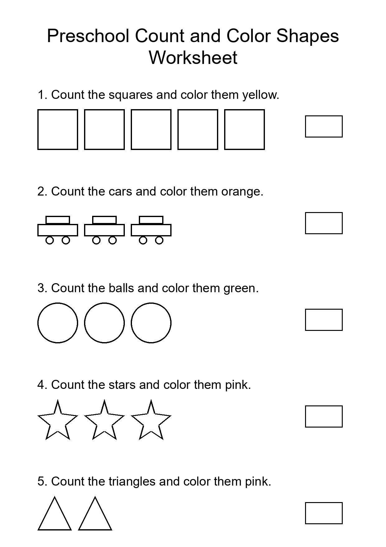 Preschool Count and Color Shapes Worksheet