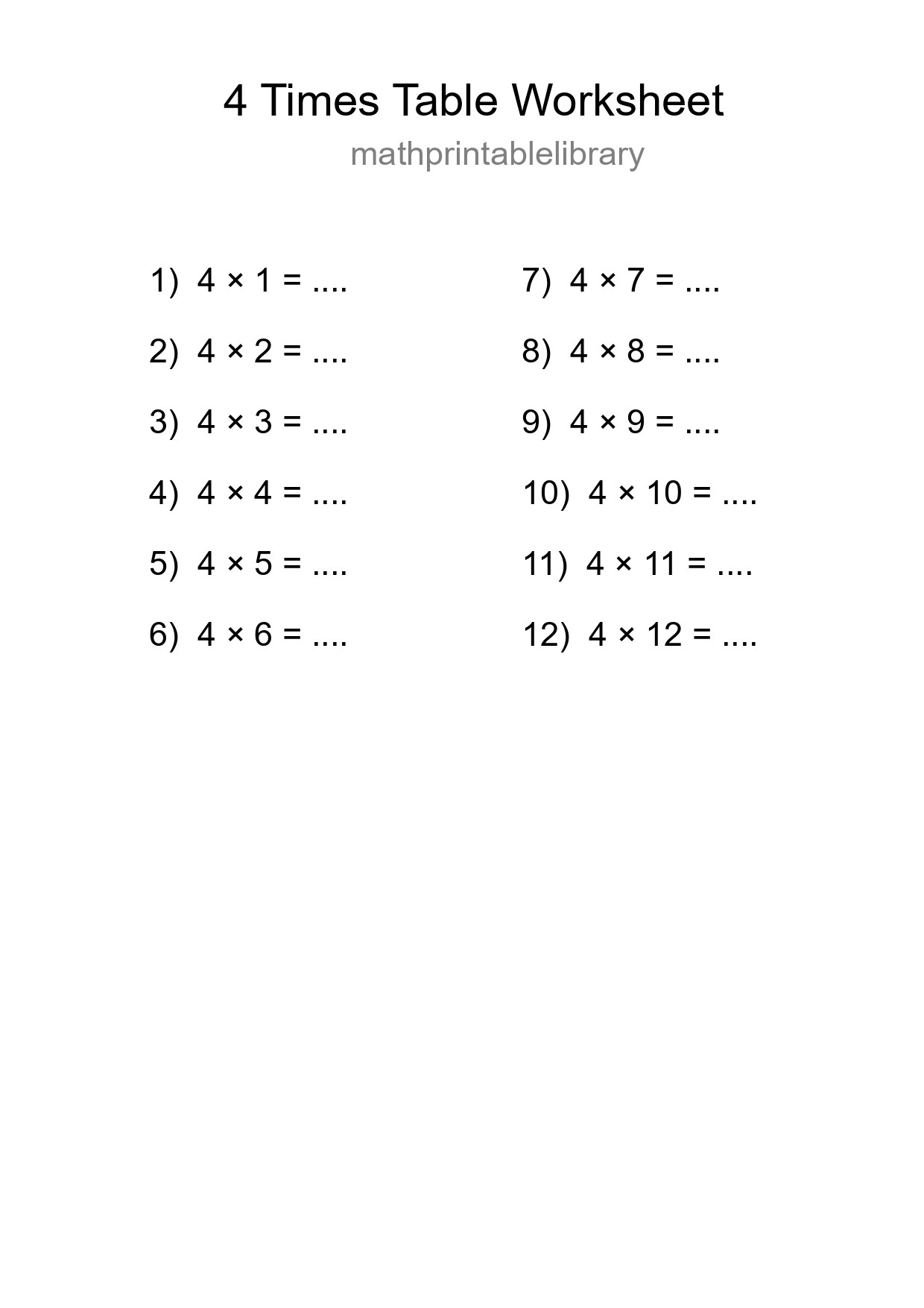 Printable 4 Times Table Worksheet For Grade 2 - Part 174