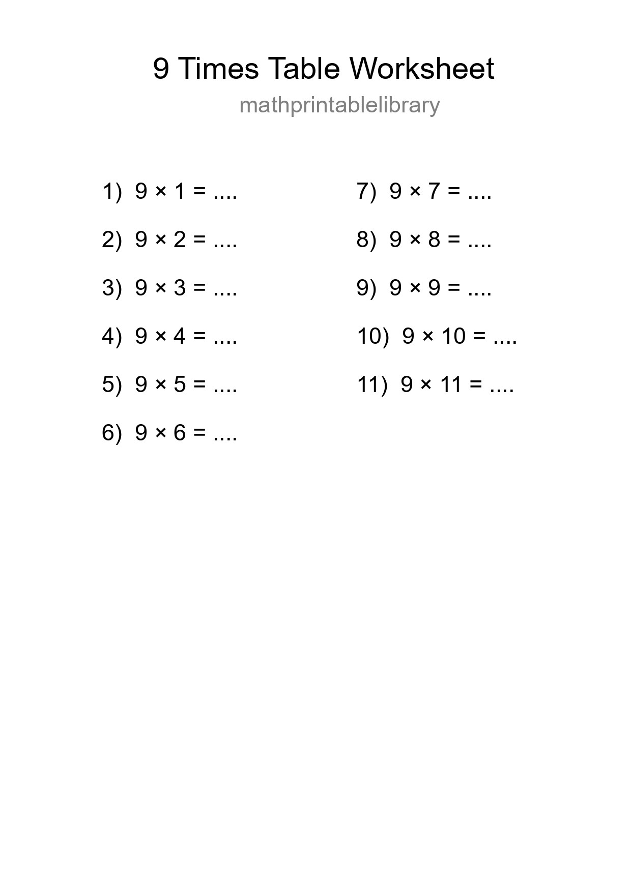 Printable 9 Times Table Worksheet For Grade 3 - Part 108