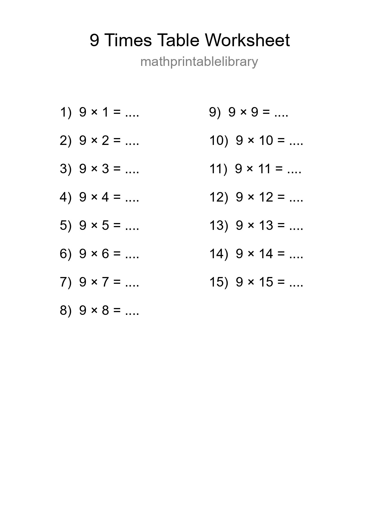 Printable 9 Times Table Worksheet For Grade 3 - Part 152