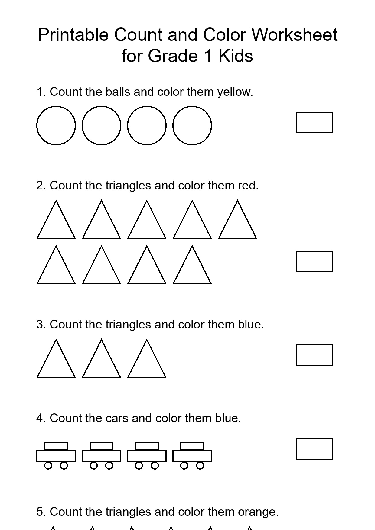 Printable Count and Color Worksheet for Grade 1 Kids