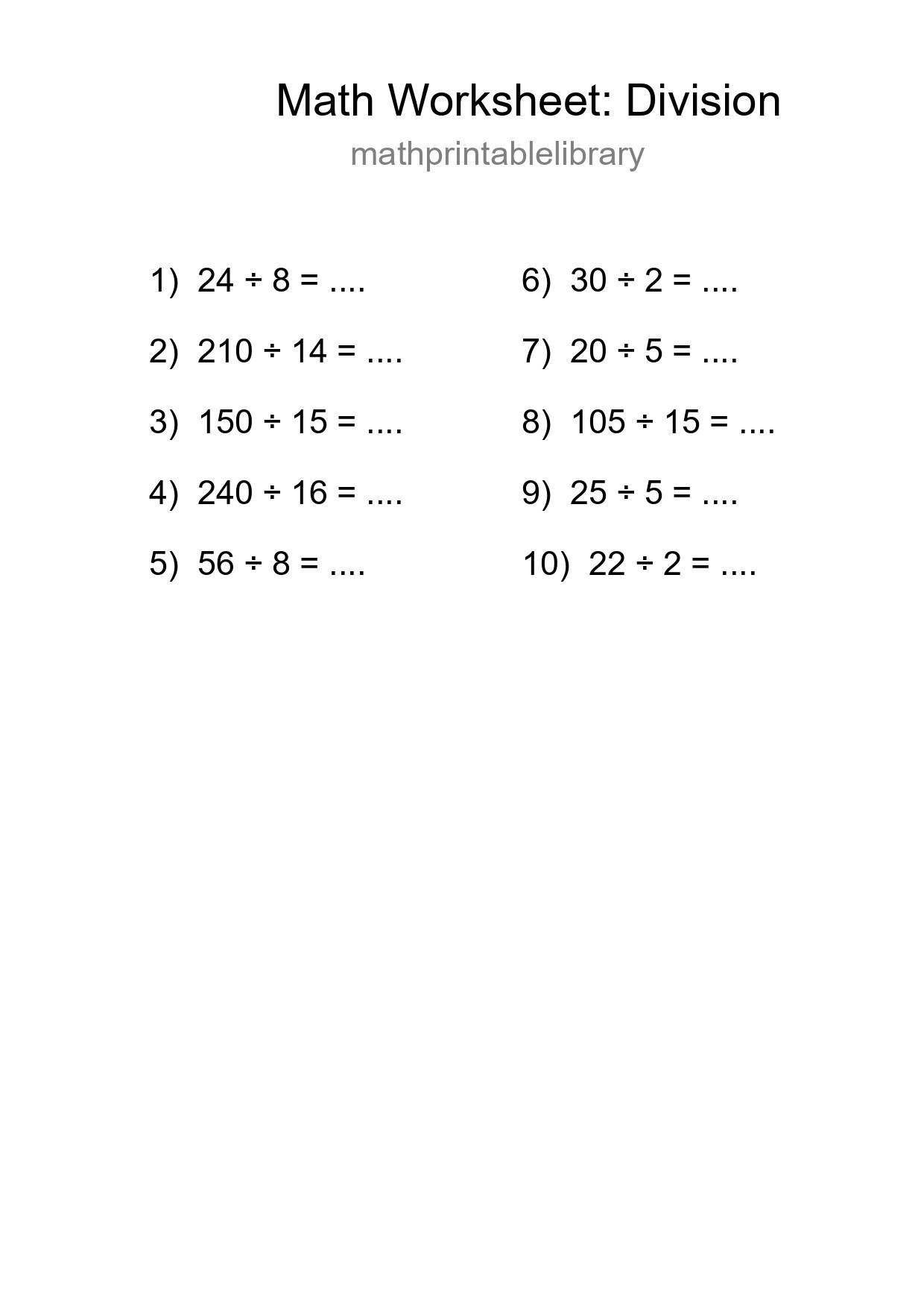 Printable Free 10 Division Math Worksheet For Grade 2 - Part 257