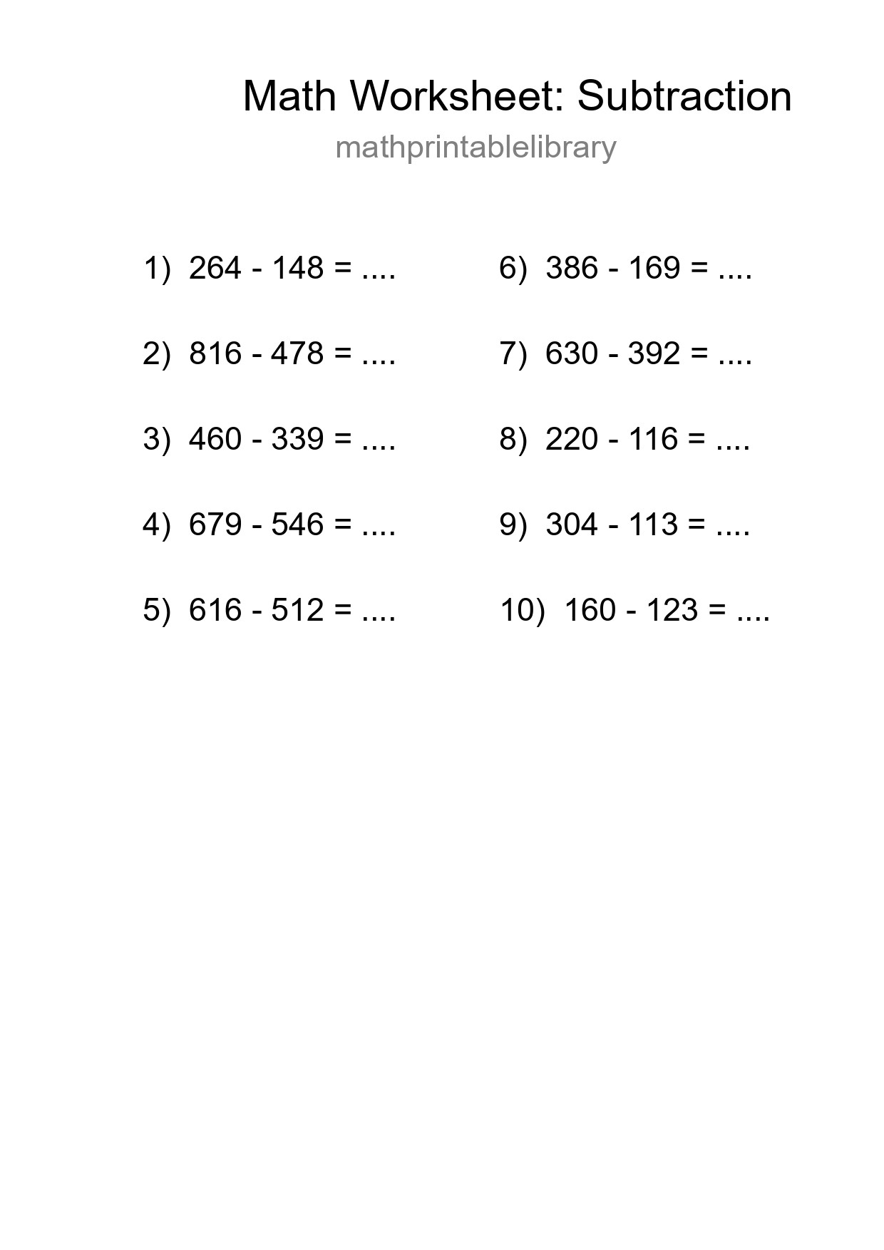 Printable Free 10 Subtraction Math Worksheet For Grade 5 - Part 206
