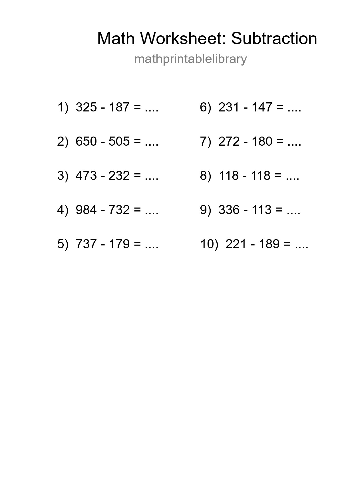 Printable Free 10 Subtraction Math Worksheet For Grade 5 - Part 261