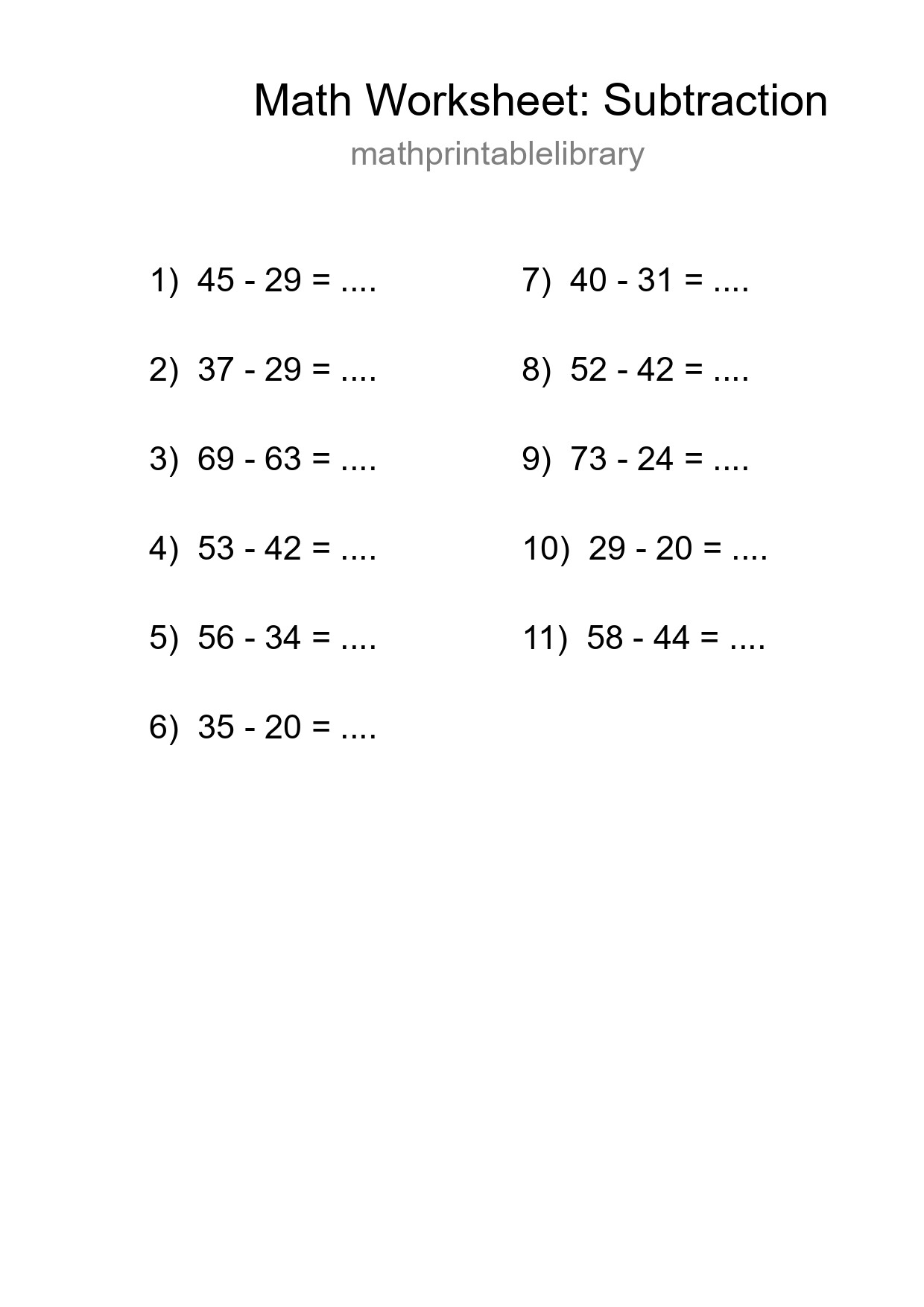 Printable Free 11 Subtraction Math Worksheet For Grade 3 - Part 8
