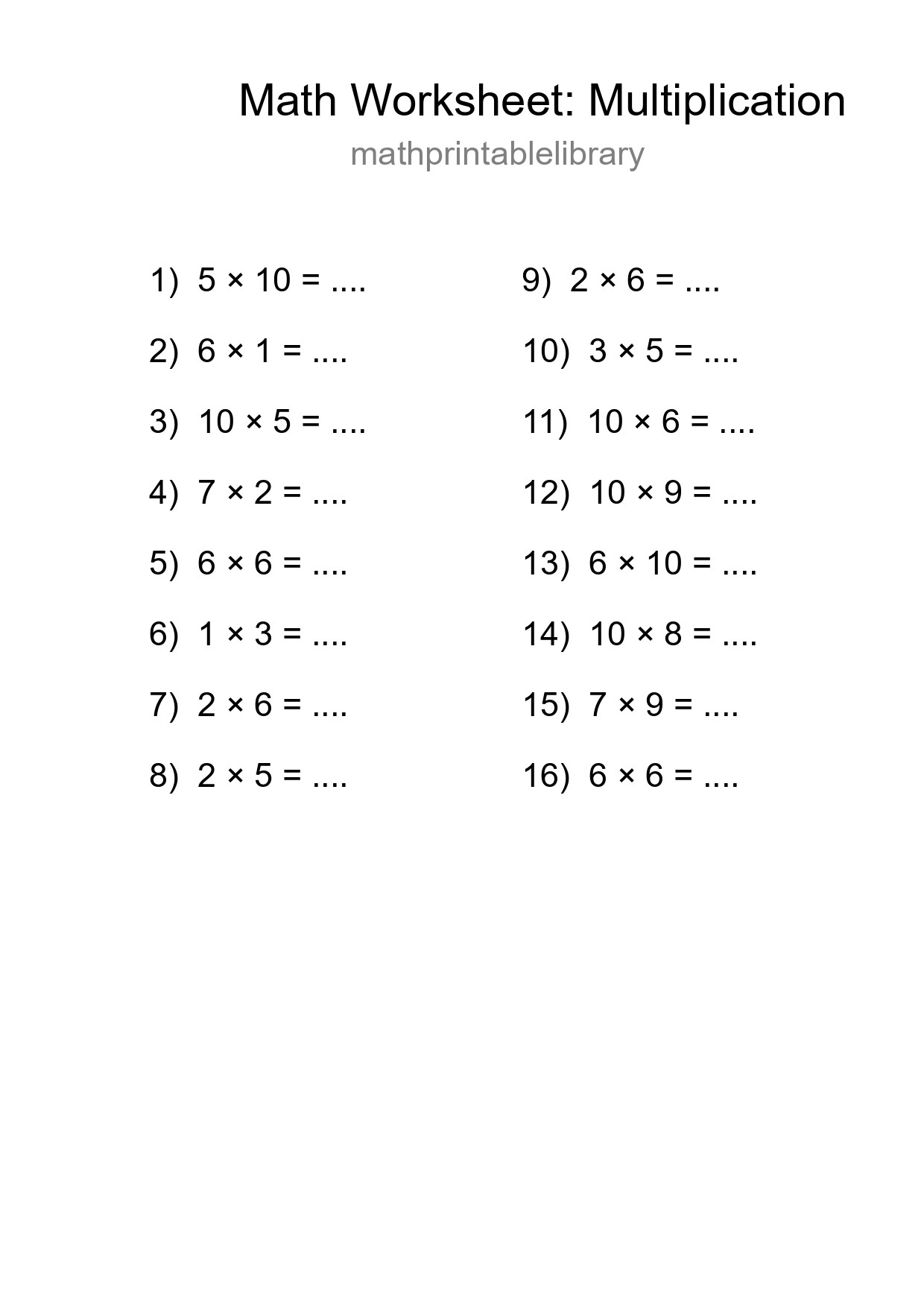 Printable Free 16 Multiplication Math Worksheet For Grade 1 - Part 172