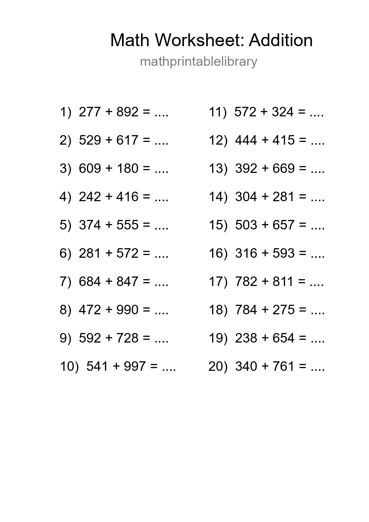 Printable Free 20 Addition Math Worksheet For Grade 5 - Part 89