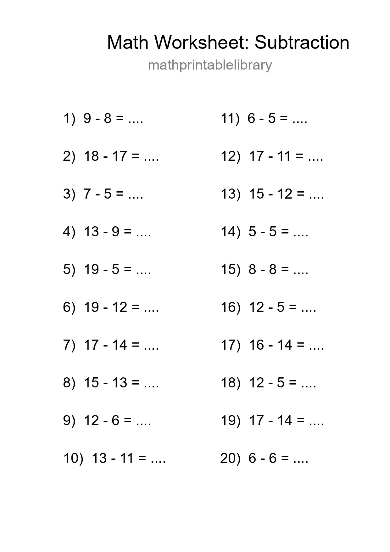Printable Free 20 Subtraction Math Worksheet For Grade 2 - Part 85