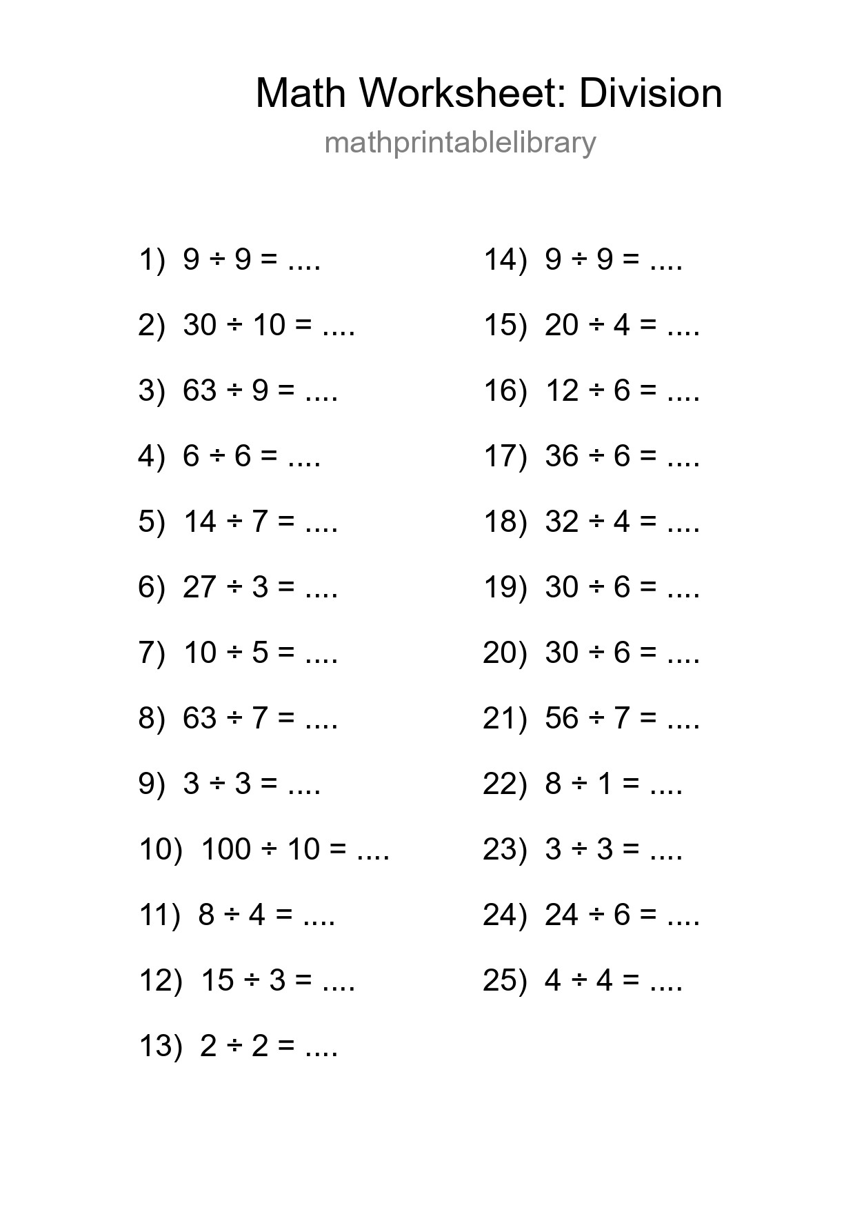 Printable Free 25 Division Math Worksheet For Grade 1 - Part 246