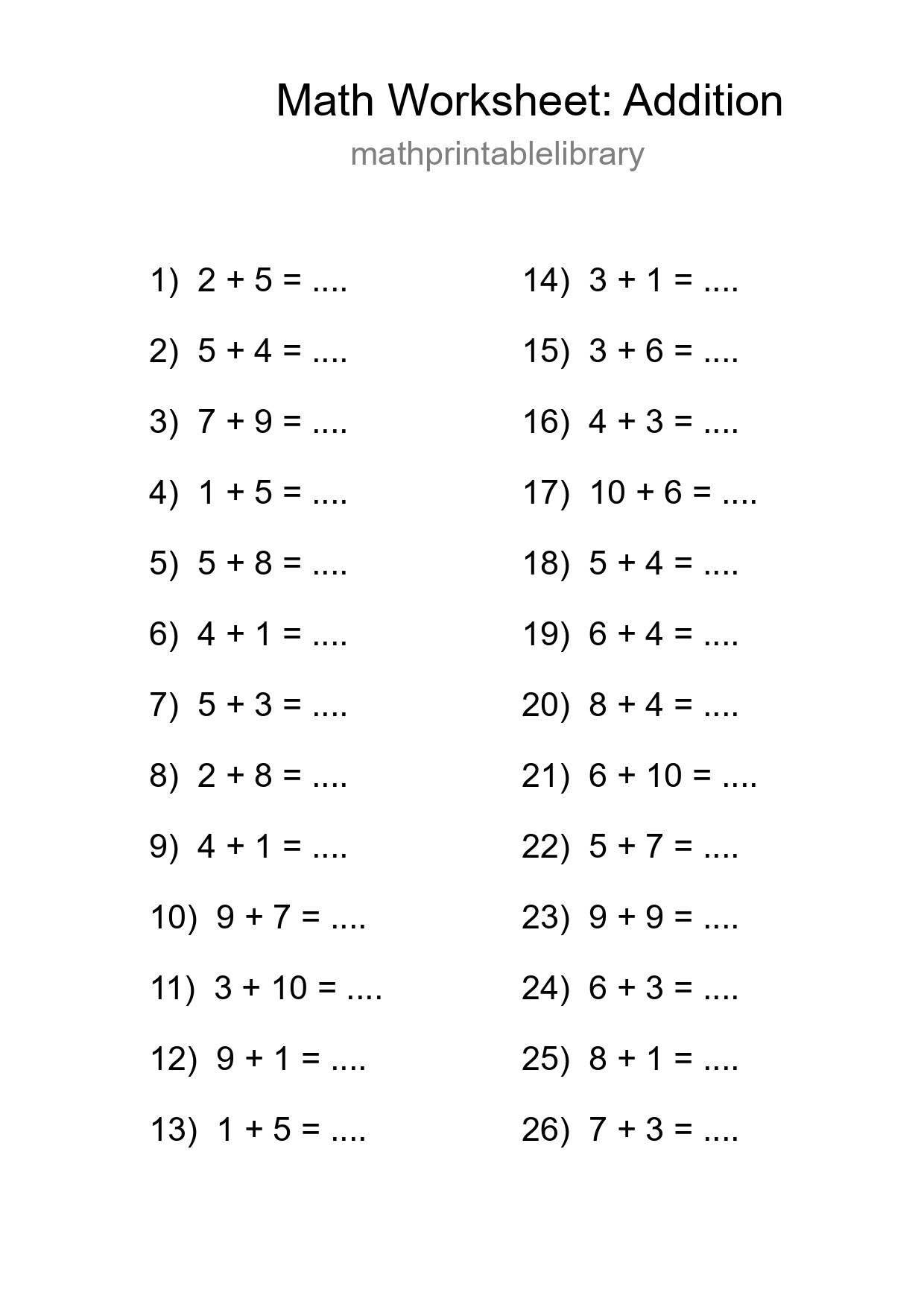Printable Free 26 Addition Math Worksheet For Grade 1 - Part 166