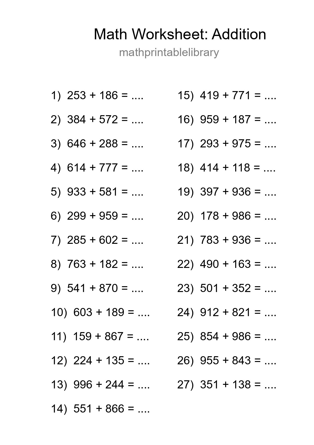 Printable Free 27 Addition Math Worksheet For Grade 5 - Part 221