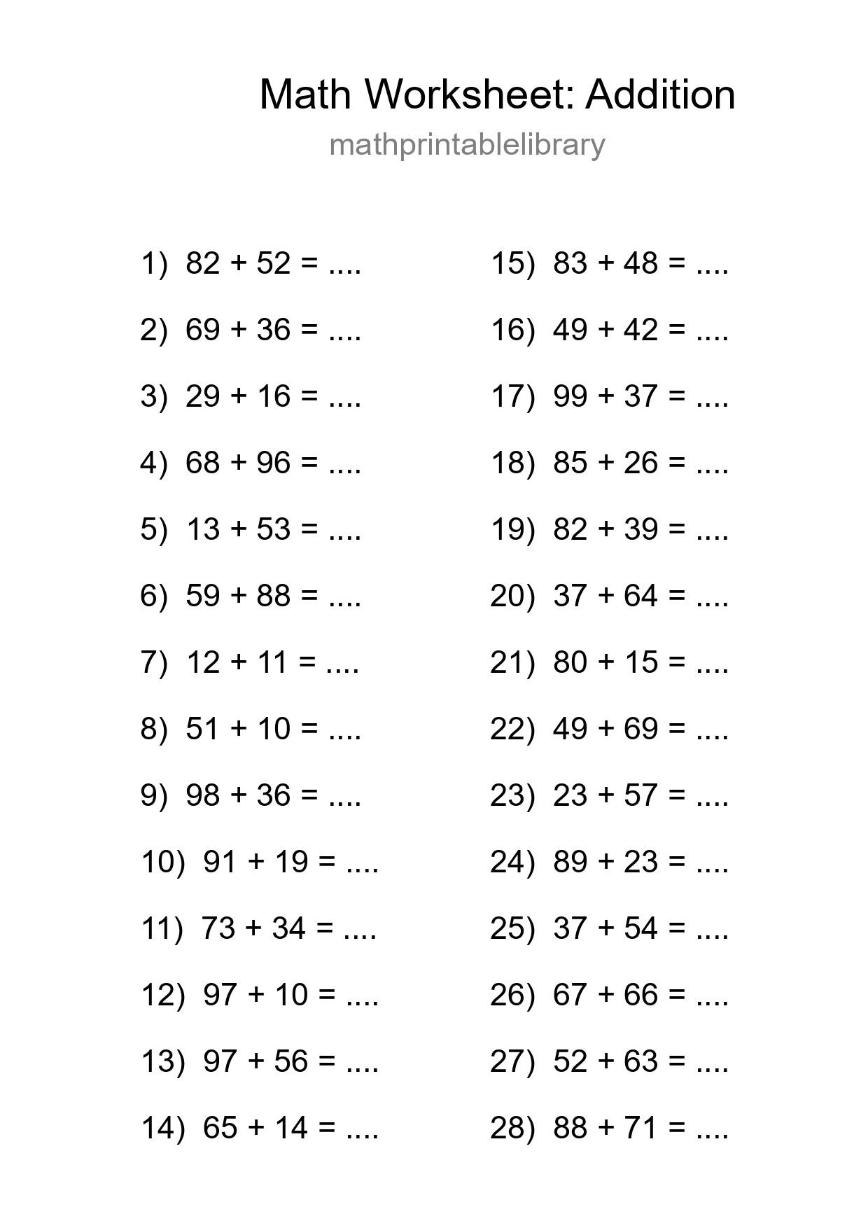 Printable Free 28 Addition Math Worksheet For Grade 3 - Part 254
