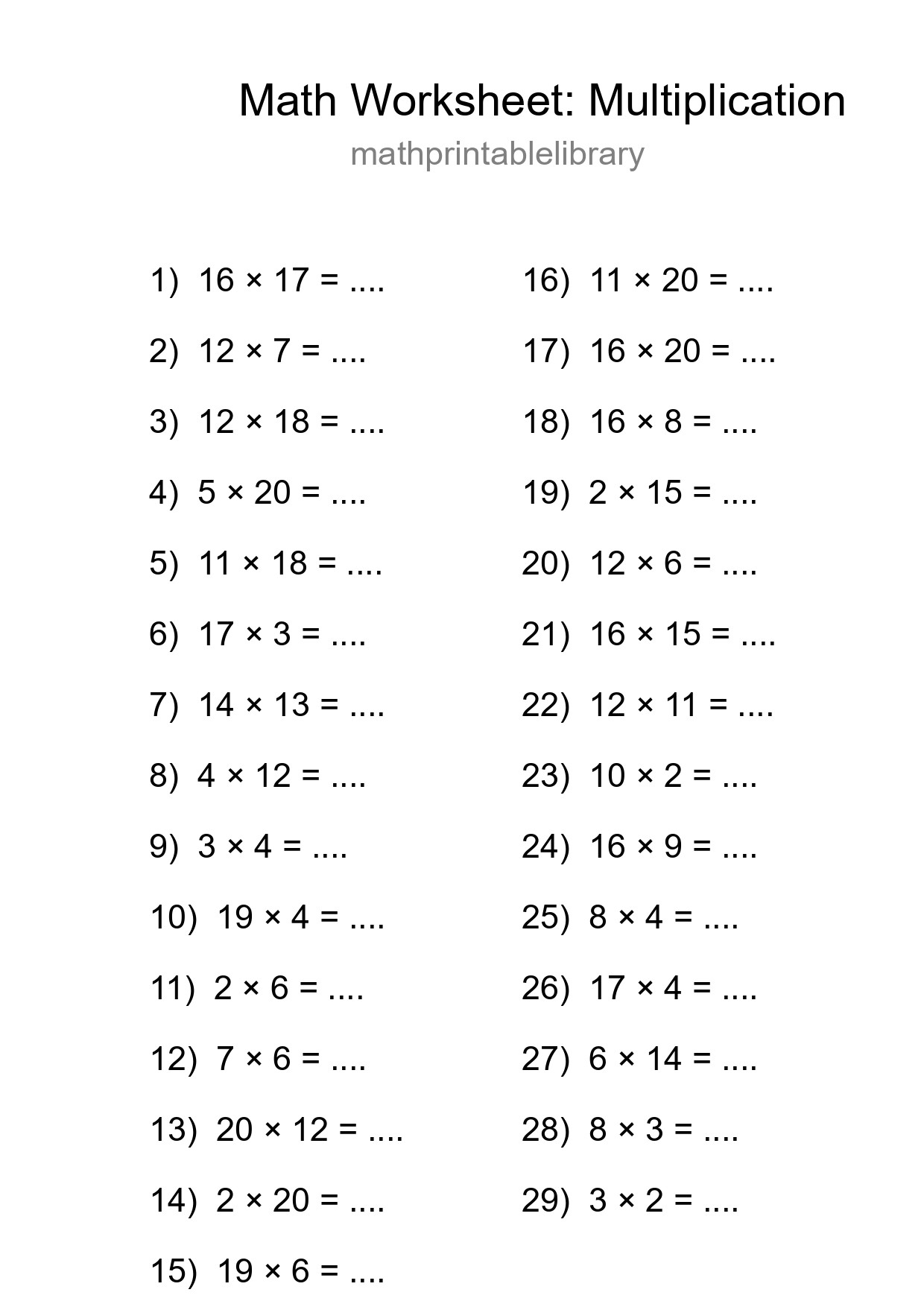 Printable Free 29 Multiplication Math Worksheet For Grade 2 - Part 128
