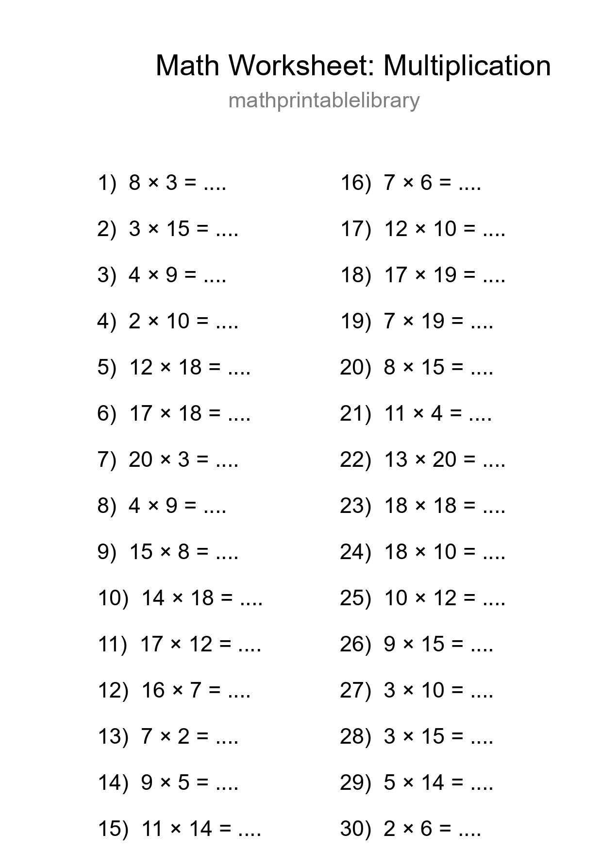 Printable Free 30 Multiplication Math Worksheet For Grade 2 - Part 40